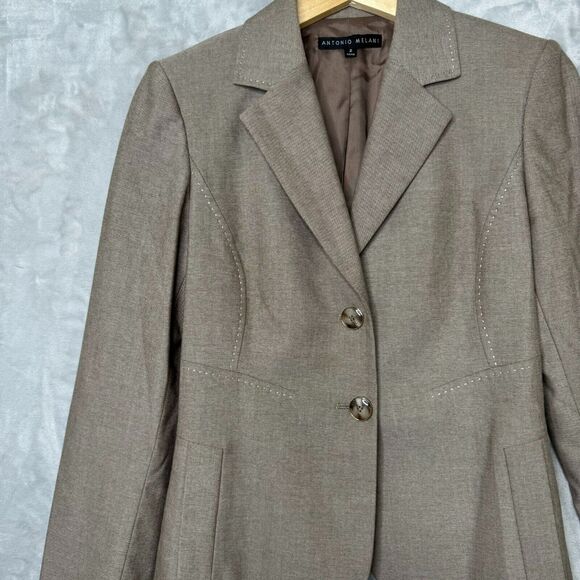 Antonio Melani Blazer Womens 2 Tan Twill Embroidered Stitch Pleated Front Career - Picture 5 of 11